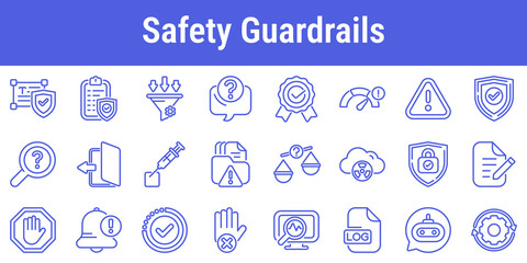 Obraz premium AI safety guardrails line icons with policy shields risk filters warnings locks review controls logs chatbot and settings symbols for prompt security workflow design