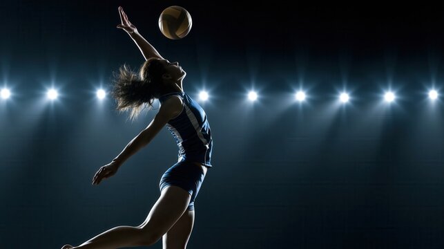 Female volleyball player jumping to spike the ball under stadium lights.