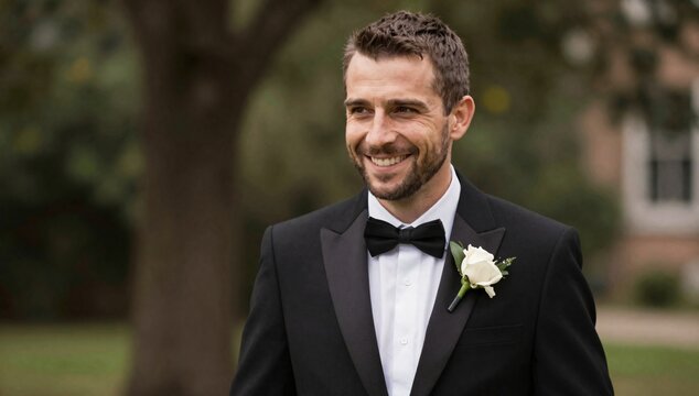 Elegant groom smiles while wearing a black tuxedo with a white rose boutonniere