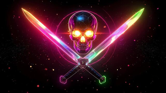 Neon skull with crossed swords in dark particle background