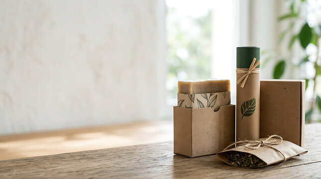 Sustainable skincare products in organic packaging on wooden table
