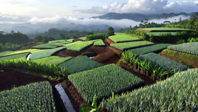 A wide scenic agricultural painting as the main subject, pineapple fields arranged on gentle tropical terraces with volcanic soil paths, rain-fed channels, banana windbreaks, and distant cloud-covered