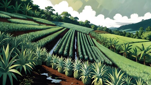 A wide scenic agricultural painting as the main subject, pineapple fields arranged on gentle tropical terraces with volcanic soil paths, rain-fed channels, banana windbreaks, and distant cloud-covered