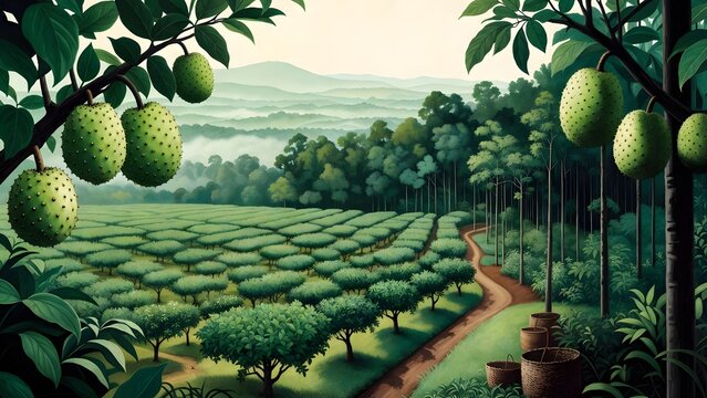A wide scenic agricultural painting as the main subject, soursop orchards spreading along a rainforest edge with large green fruit, narrow earth trails, woven harvest baskets, and distant misty canopy