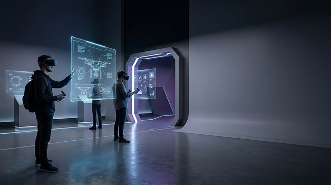 People in virtual reality headsets interacting with holographic data