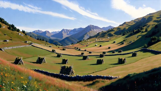 A wide scenic agricultural artwork as the main subject, high alpine pasture meadows divided by low stone lines with hay racks, wildflower edges, grazing shelters, and snow-capped mountains beyond, cle