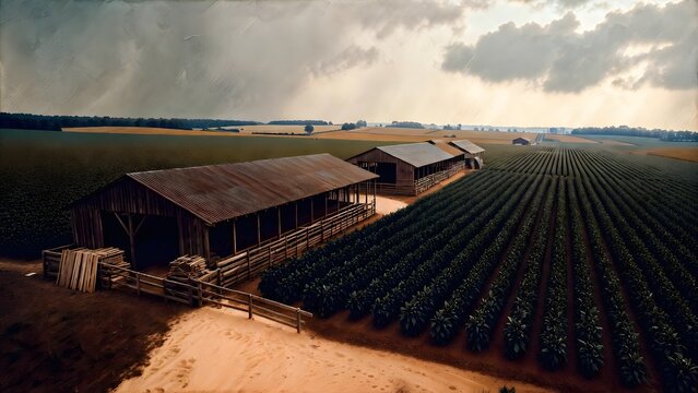 A wide painterly farming artwork as the main subject, tobacco fields stretching around rustic curing barns with wooden rails, sandy paths, distant tree belts, and low rolling ground, soft overcast aft