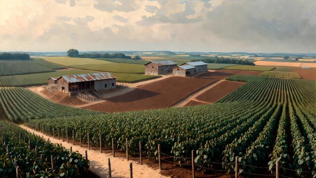 A wide painterly farming artwork as the main subject, tobacco fields stretching around rustic curing barns with wooden rails, sandy paths, distant tree belts, and low rolling ground, soft overcast aft