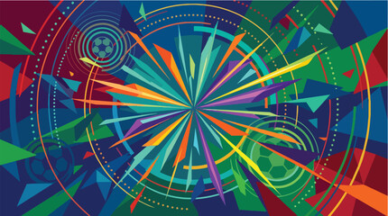 Fototapeta premium Abstract illustration of a football with colorful geometric shapes and radial lines design