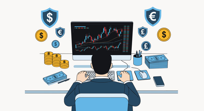 Trader analyzing stock market candlestick charts on a computer screen surrounded by currency symbols and coins, perfect for financial investment, trading platforms and economic analysis.