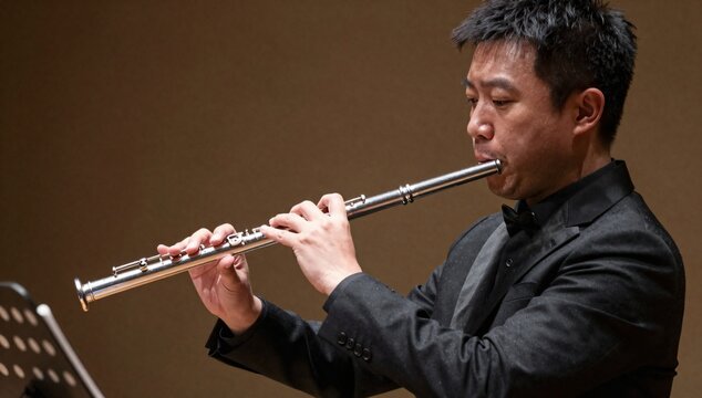 Asian man plays a baroque oboe with sheet music in front of him, wearing a suit