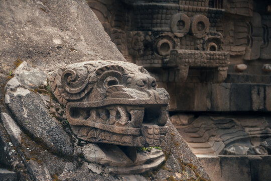 Detail of Temple of the Feathered Serpent or Temple of Quetzalcoatl (nahuatl name) , ancient Mesoamerican city in Mexico, located in the Valley of Mexico, near of Mexico City -Teotihuacan pyramids