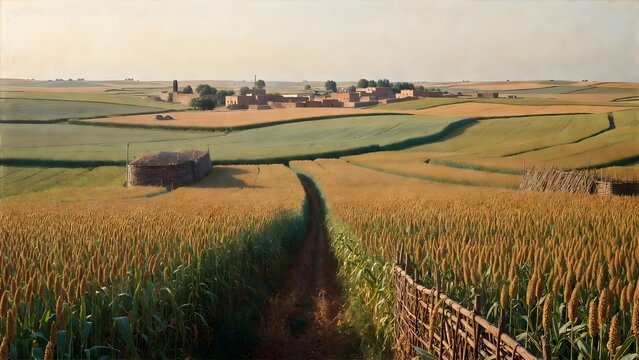 A wide painterly agricultural panorama as the main subject, sorghum fields with rounded seed heads extending across a broad plain with raised granaries, woven fences, foot trails, and distant clay vil