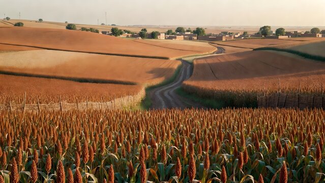 A wide painterly agricultural panorama as the main subject, sorghum fields with rounded seed heads extending across a broad plain with raised granaries, woven fences, foot trails, and distant clay vil