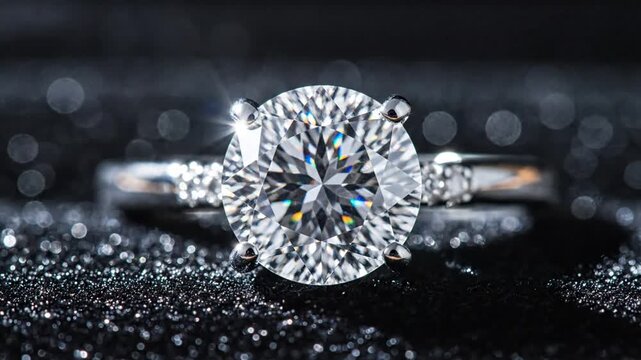 Close up of a sparkling brilliant cut diamond solitaire engagement ring on a dark glittery background