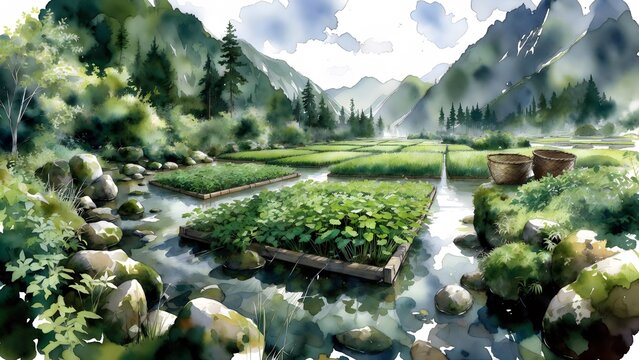 A scenic painterly agriculture poster as the main subject, watercress beds growing beside clear mountain streams with small wooden channels, mossy rocks, woven gathering baskets, and distant pine slop