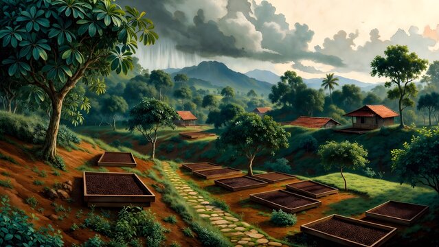 A scenic painterly agricultural landscape as the main subject, clove trees spread across a humid coastal hillside with spice drying trays, mossy stone paths, red-roofed huts, and distant raincloud mou