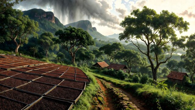 A scenic painterly agricultural landscape as the main subject, clove trees spread across a humid coastal hillside with spice drying trays, mossy stone paths, red-roofed huts, and distant raincloud mou