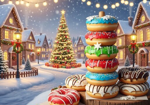 Colorful stacked donuts in a festive winter village scene with Christmas tree