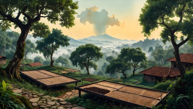 A scenic painterly agricultural landscape as the main subject, clove trees spread across a humid coastal hillside with spice drying trays, mossy stone paths, red-roofed huts, and distant raincloud mou