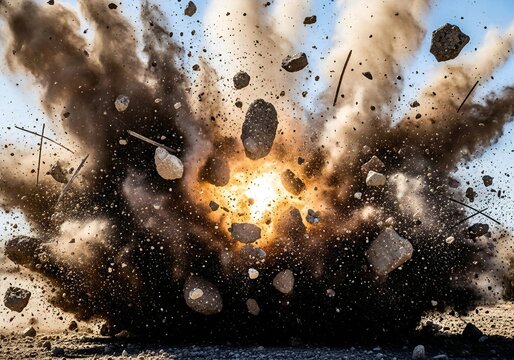 Explosion with debris and smoke in a dark outdoor setting