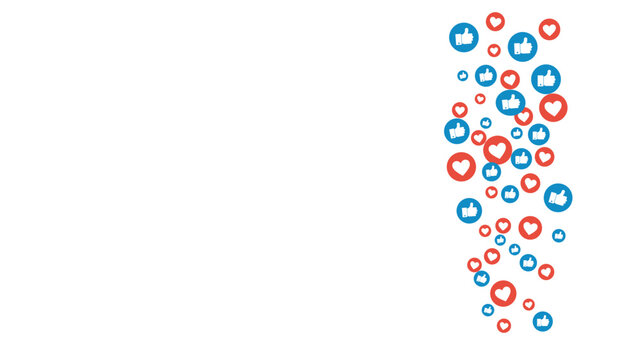 blue and red like icons flow, live stream heart and thumbs up round flowing buttons, social network symbol over transparent background