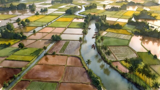 A painterly delta farming landscape as the main subject, rice paddies and vegetable plots arranged between branching canals, narrow levees, small boats, and palm-lined waterways, glowing late-day ligh