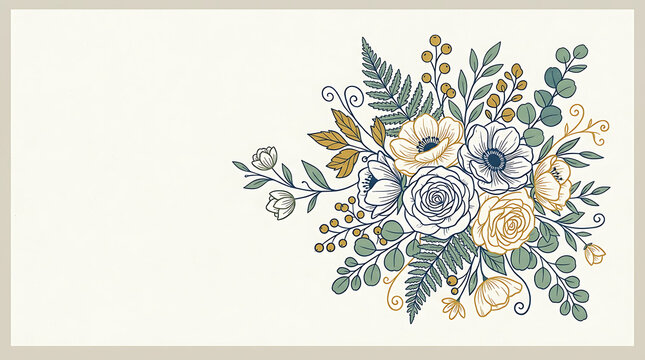 Elegant hand drawn floral arrangement with muted colors and copy space