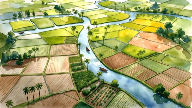 A painterly delta farming landscape as the main subject, rice paddies and vegetable plots arranged between branching canals, narrow levees, small boats, and palm-lined waterways, glowing late-day ligh