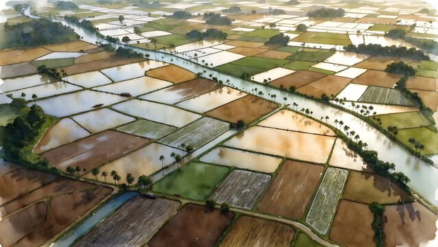A painterly delta farming landscape as the main subject, rice paddies and vegetable plots arranged between branching canals, narrow levees, small boats, and palm-lined waterways, glowing late-day ligh