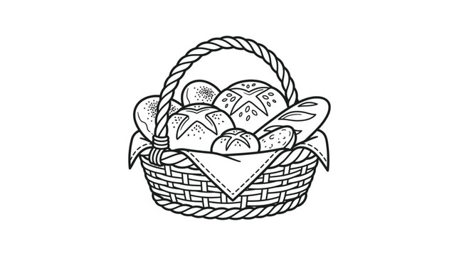 Wicker basket filled with assorted fresh bread rolls.