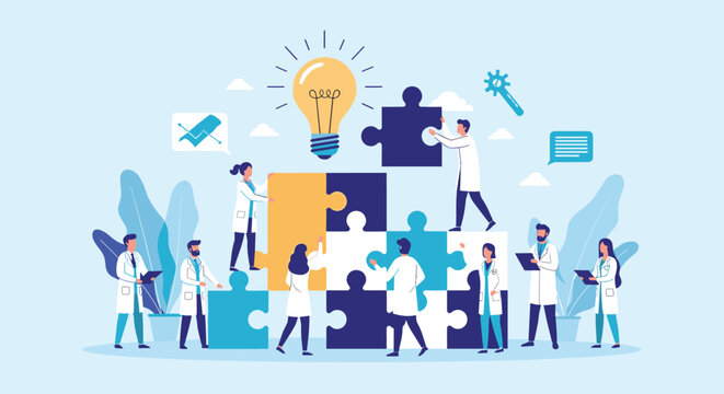 Team of scientists collaborating to solve a complex puzzle under a giant lightbulb representing medical innovation and scientific breakthroughs.