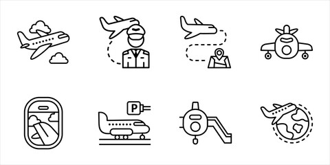 Fototapeta premium Airplane Travel Airport Icon Set Featuring Aircraft in Sky Pilot Cockpit Navigation Route Front View Passenger Window Gate Parking Boarding Stairs and Global Travel Outline Style