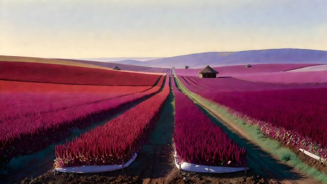 A painterly agricultural panorama as the main subject, amaranth fields glowing in red and magenta across a rural plateau with seed-drying mats, earth paths, storage huts, and distant violet hills, sof