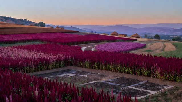 A painterly agricultural panorama as the main subject, amaranth fields glowing in red and magenta across a rural plateau with seed-drying mats, earth paths, storage huts, and distant violet hills, sof
