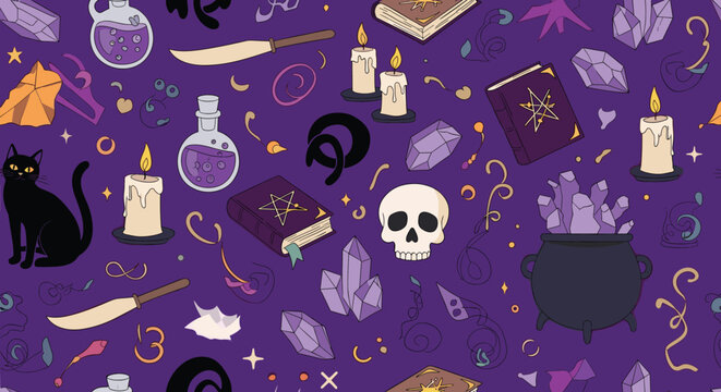 Seamless pattern featuring various magic and occult symbols such as a black cat, skull, crystals, potions, and candles on purple.