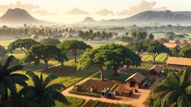 A painterly agricultural landscape as the main subject, breadfruit trees planted around a tropical village grove with shaded paths, woven baskets, communal ovens, and distant volcanic slopes, warm mor