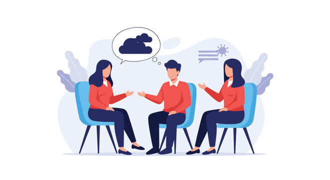 People sitting together in chairs having a discussion while one man has a thought bubble of a rain cloud over his head.