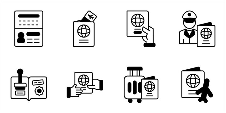 Passport Travel Document Icon Set with Identity Page Boarding Pass Hand Holding Passport Immigration Check Stamp Handover Suitcase and Airplane Flight Concept