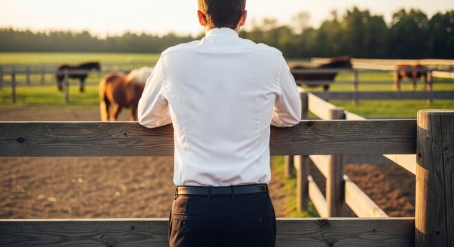 Man standing by fence looking at horses.