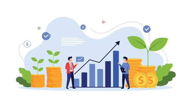 Business professionals analyzing financial growth with increasing bar charts and money tree plants for investment success.