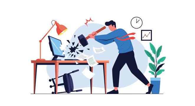 Stressed businessman losing temper and smashing a computer monitor with a sledgehammer in a messy office due to technical frustration.