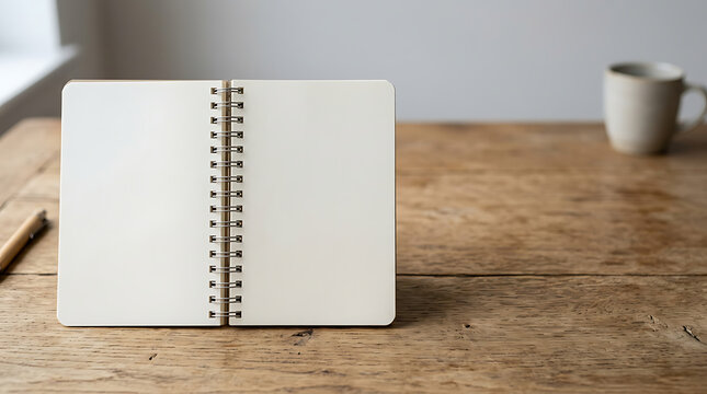 Open blank spiral notebook on a wooden table with coffee cup