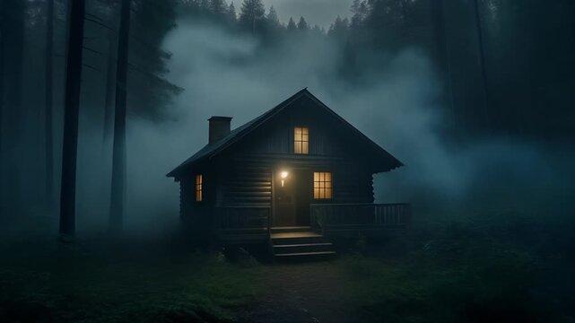 Wooden cabin nestled in a dark misty forest glowing with warm light in this animation video
