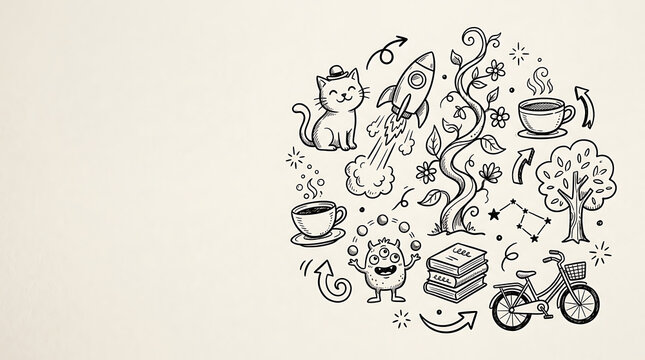 Hand drawn doodle collage with cat rocket and coffee on paper