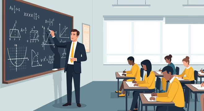 Teacher Explaining Math Equations to Students in Classroom