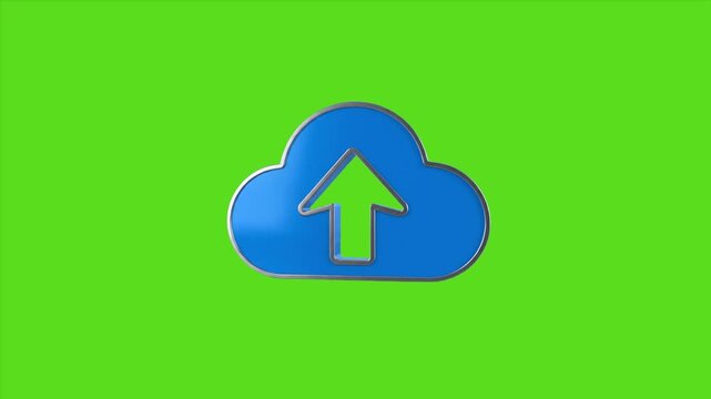 3D Cloud Upload Icon Loop - Metallic Blue Rotating Arrow on Green Screen, Black, and White Background