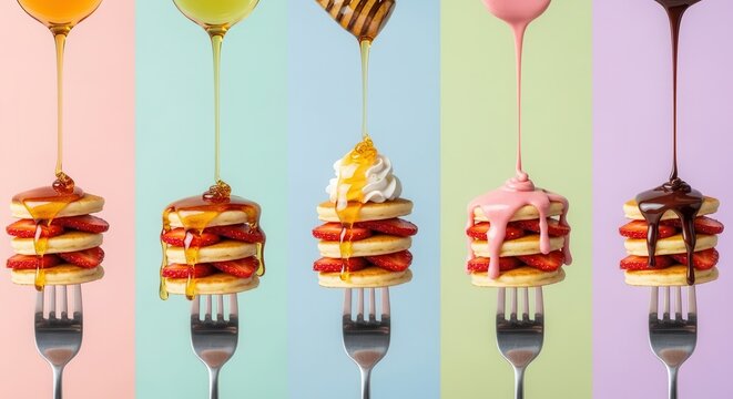 Assorted Mini Pancake Stacks with Fresh Strawberries and Various Syrups Poured on Forks over Pastel Background