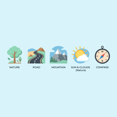 A set of flat vector icons depicting various outdoor travel themes © Osamu