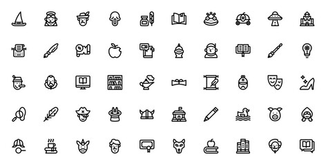 Literature icon set. Minimalist line icons pack. Featuring book, quill, manuscript, scroll, library, detective, magic and more. Editable vector stroke. © wang